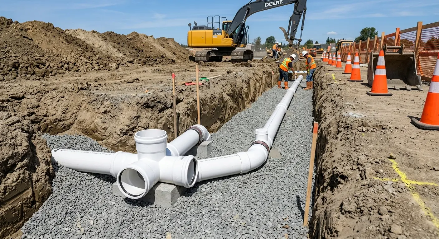New PVC sewer pipe installation in open trench for Sewer Backup in Huntington
